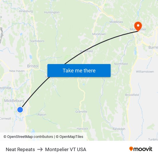 Neat Repeats to Montpelier VT USA map