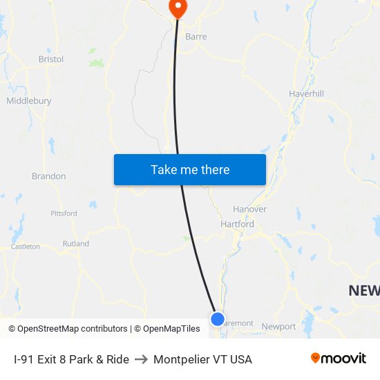 I-91 Exit 8 Park & Ride to Montpelier VT USA map