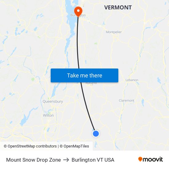 Mount Snow Drop Zone to Burlington VT USA map