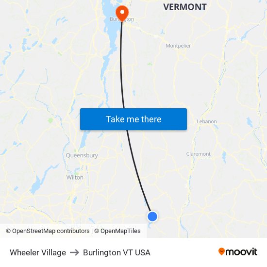 Wheeler Village to Burlington VT USA map