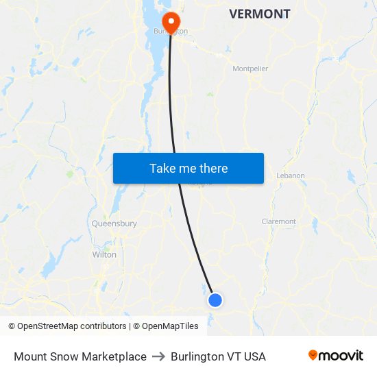 Mount Snow Marketplace to Burlington VT USA map