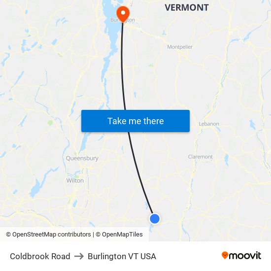 Coldbrook Road to Burlington VT USA map