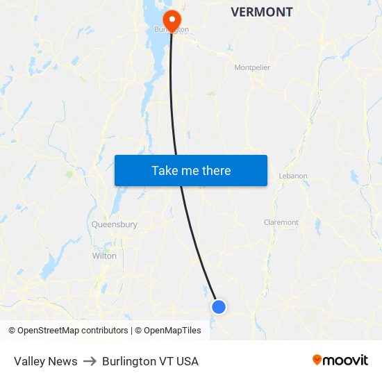 Valley News to Burlington VT USA map