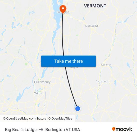 Big Bear's Lodge to Burlington VT USA map