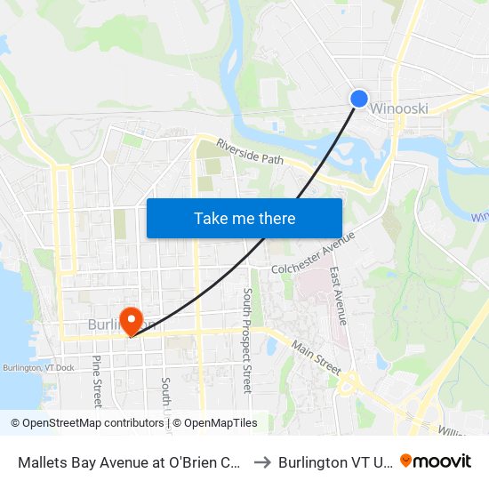 Mallets Bay Avenue at O'Brien Center to Burlington VT USA map
