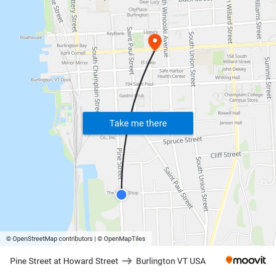 Pine Street at Howard Street to Burlington VT USA map