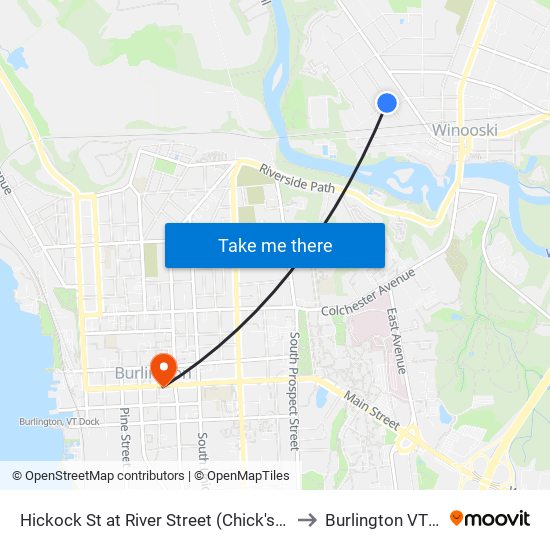 Hickock St at River Street (Chick's Market) to Burlington VT USA map