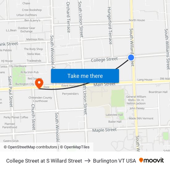 College Street at S Willard Street to Burlington VT USA map