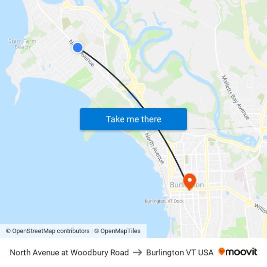 North Avenue at Woodbury Road to Burlington VT USA map