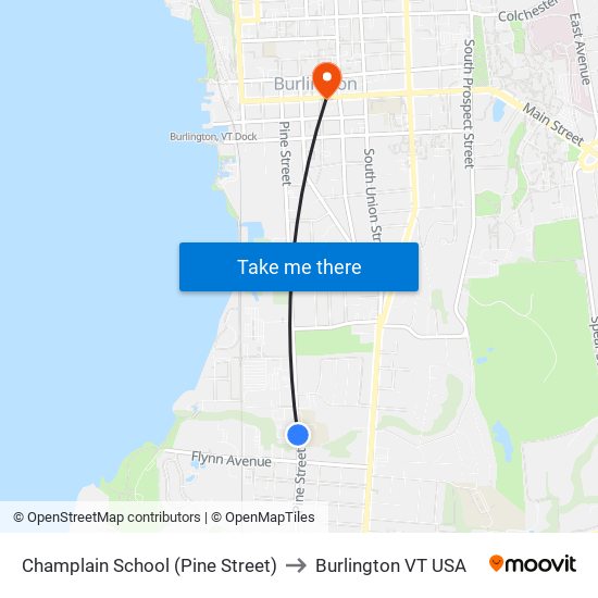 Champlain School (Pine Street) to Burlington VT USA map