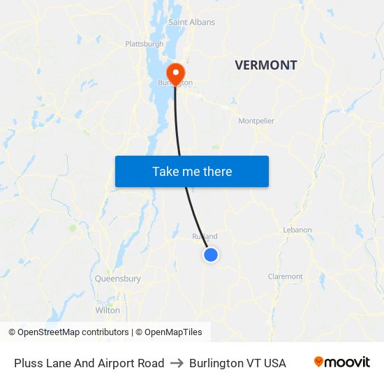 Pluss Lane And Airport Road to Burlington VT USA map