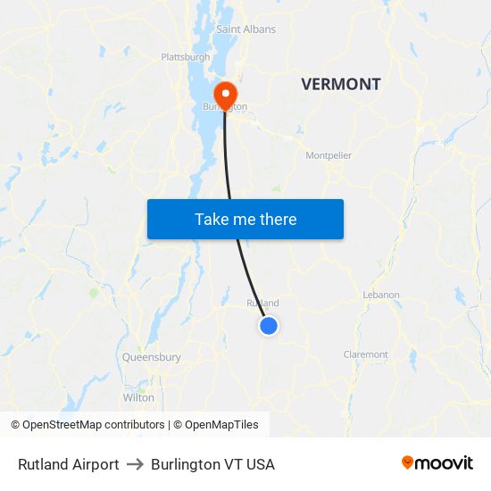 Rutland Airport to Burlington VT USA map