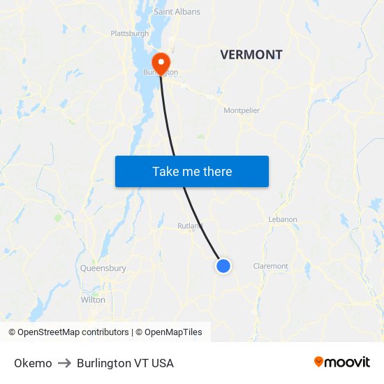 Okemo to Burlington VT USA map