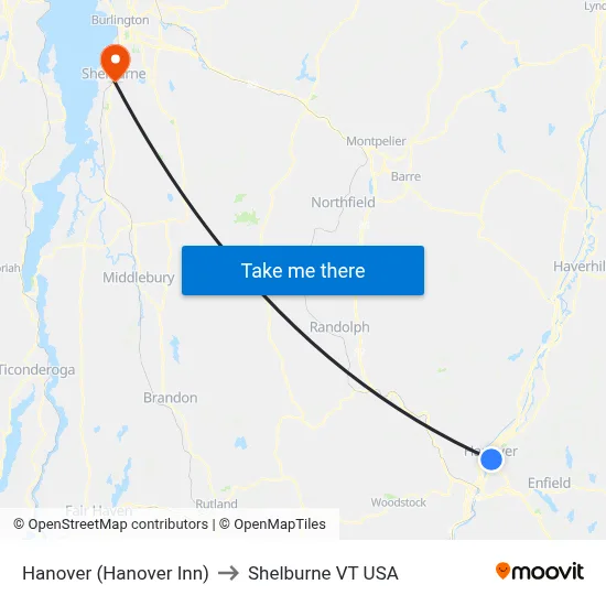 Hanover (Hanover Inn) to Shelburne VT USA map