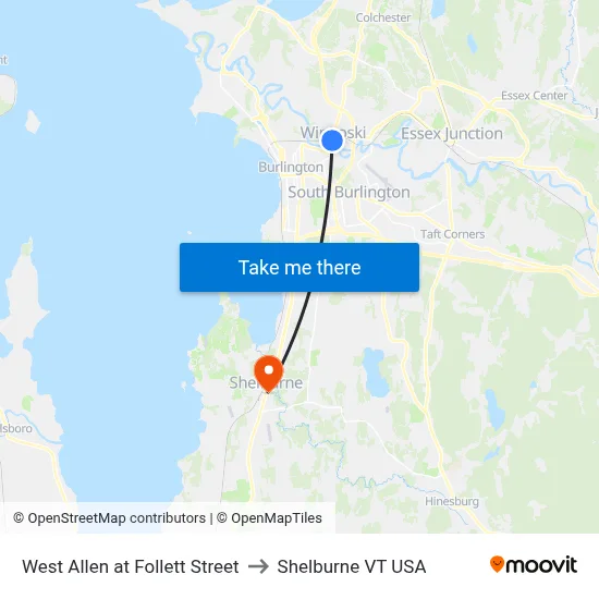 West Allen at Follett Street to Shelburne VT USA map