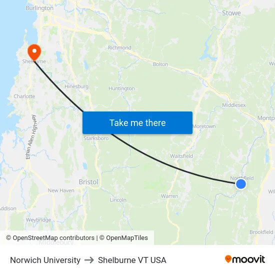 Norwich University to Shelburne VT USA map