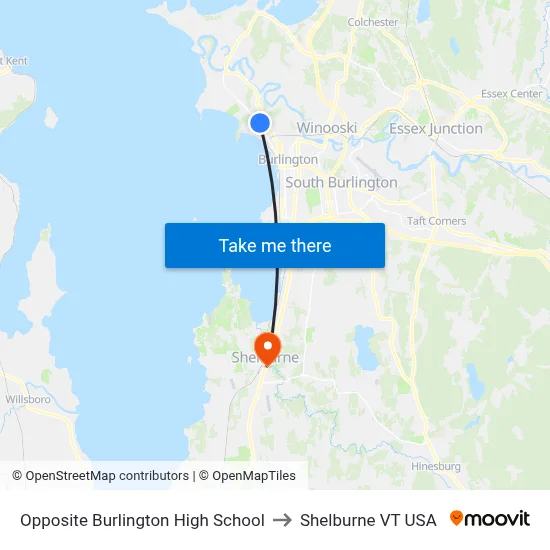 Opposite Burlington High School to Shelburne VT USA map