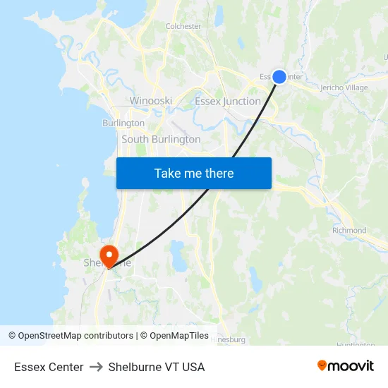Essex Center to Shelburne VT USA map