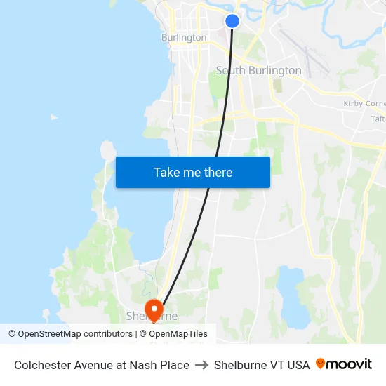 Colchester Avenue at Nash Place to Shelburne VT USA map