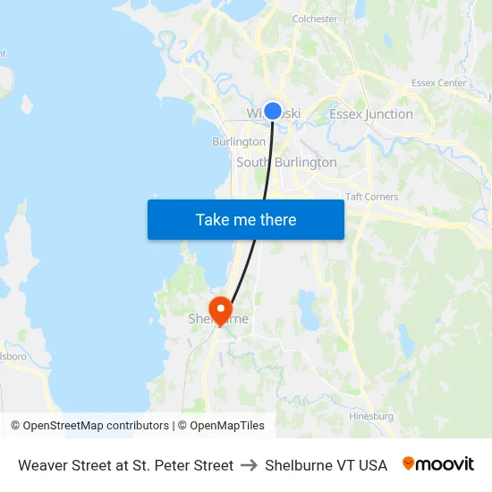 Weaver Street at St. Peter Street to Shelburne VT USA map