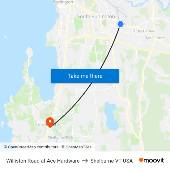 Williston Road at Ace Hardware to Shelburne VT USA map