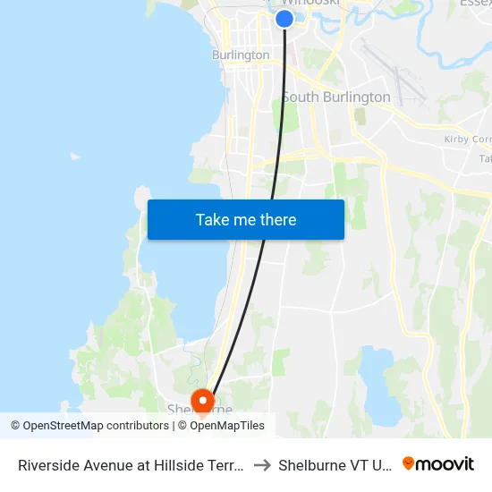 Riverside Avenue at Hillside Terrace to Shelburne VT USA map