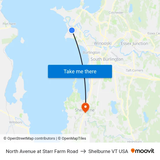 North Avenue at Starr Farm Road to Shelburne VT USA map