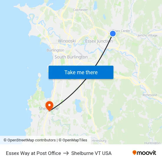 Essex Way at Post Office to Shelburne VT USA map