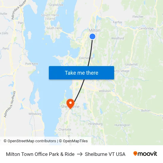 Milton Town Office Park & Ride to Shelburne VT USA map