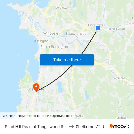 Sand Hill Road at Tanglewood Road to Shelburne VT USA map