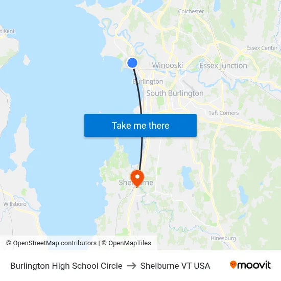 Burlington High School Circle to Shelburne VT USA map