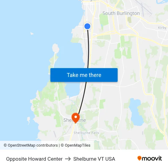 Opposite Howard Center to Shelburne VT USA map