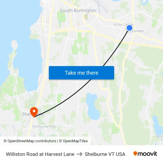Williston Road at Harvest Lane to Shelburne VT USA map