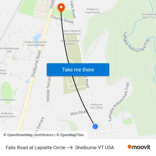 Falls Road at Laplatte Circle to Shelburne VT USA map