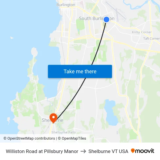 Williston Road at Pillsbury Manor to Shelburne VT USA map
