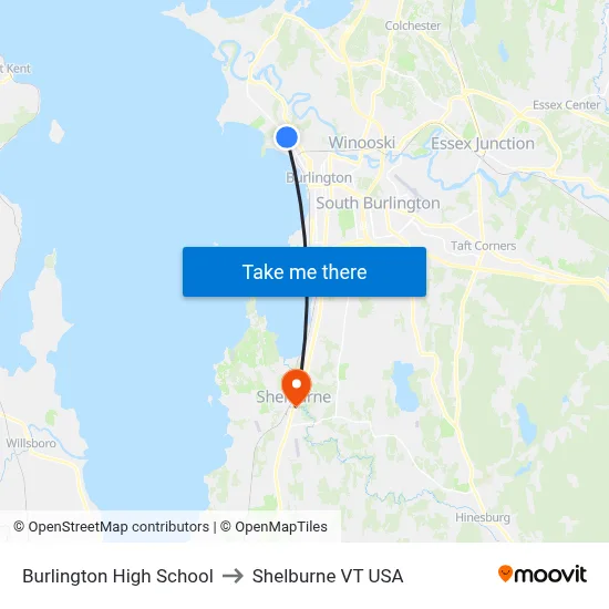Burlington High School to Shelburne VT USA map