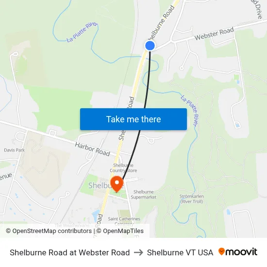 Shelburne Road at Webster Road to Shelburne VT USA map