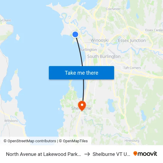North Avenue at Lakewood Parkway to Shelburne VT USA map