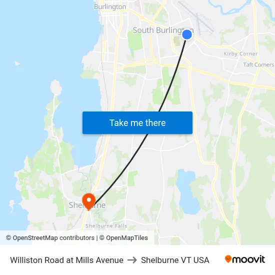 Williston Road at Mills Avenue to Shelburne VT USA map
