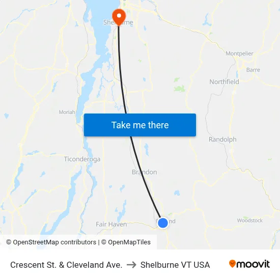 Crescent St. & Cleveland Ave. to Shelburne VT USA map