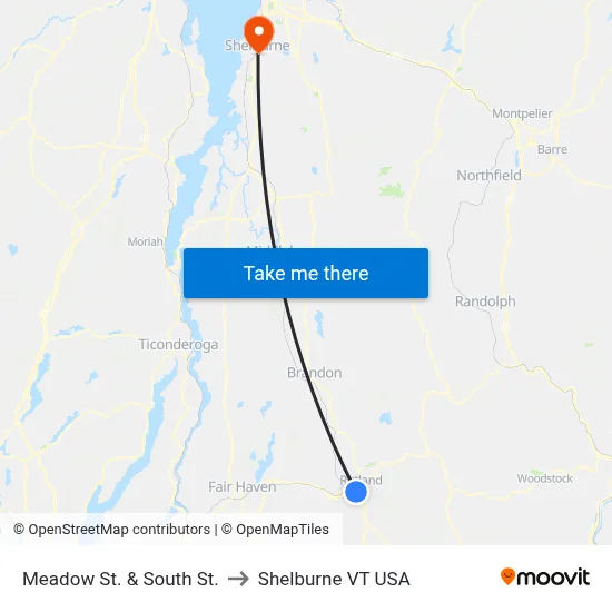 Meadow St. & South St. to Shelburne VT USA map