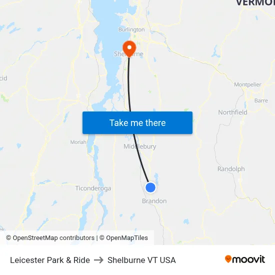 Leicester Park & Ride to Shelburne VT USA map