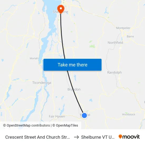Crescent Street And Church Street to Shelburne VT USA map