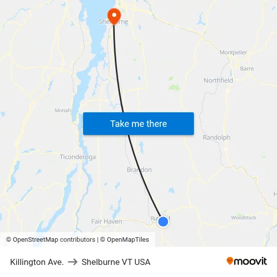 Killington Ave. to Shelburne VT USA map