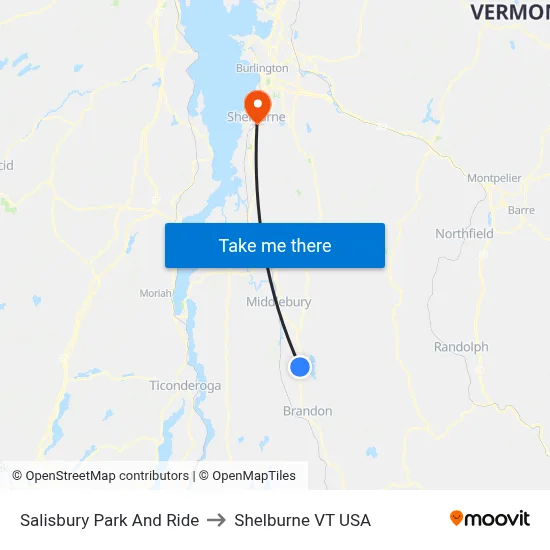 Salisbury Park And Ride to Shelburne VT USA map