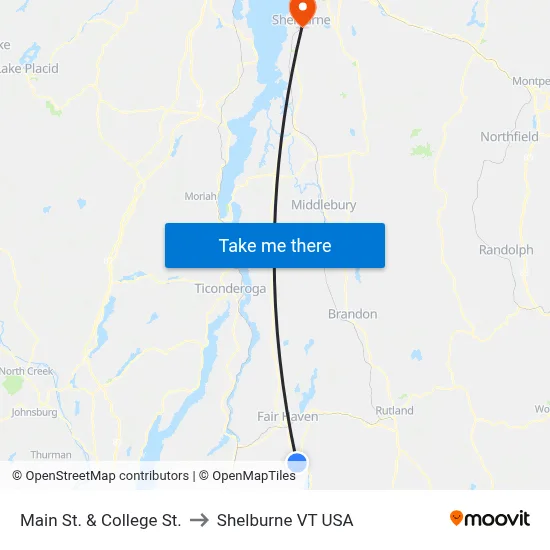 Main St. & College St. to Shelburne VT USA map