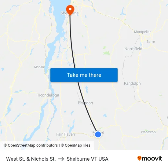 West St. & Nichols St. to Shelburne VT USA map