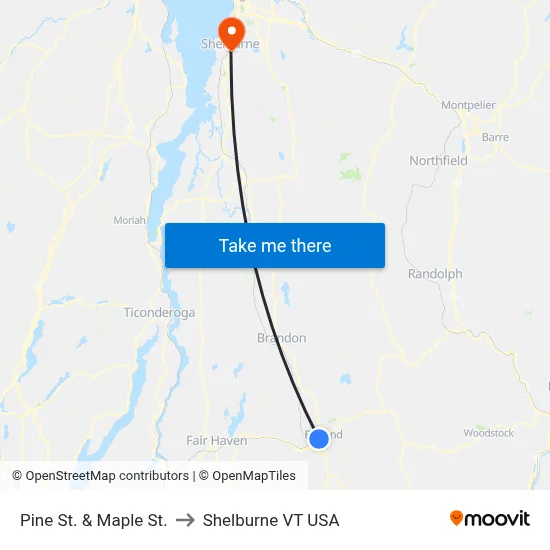 Pine St. & Maple St. to Shelburne VT USA map
