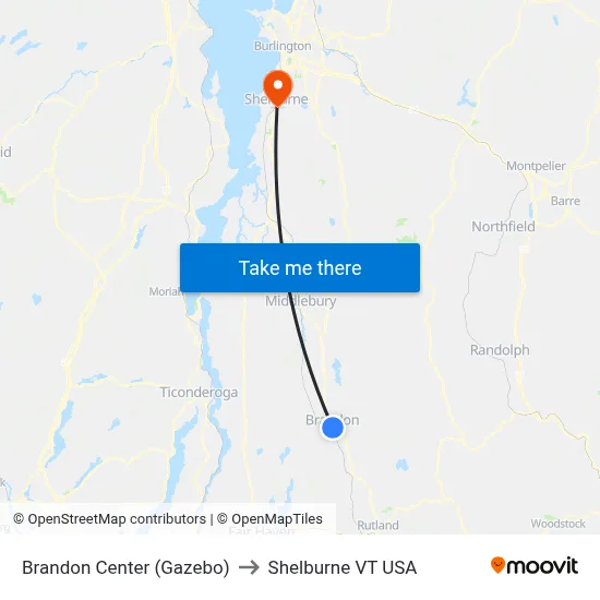 Brandon Center (Gazebo) to Shelburne VT USA map