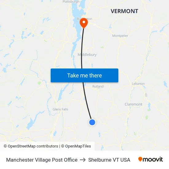 Manchester Village Post Office to Shelburne VT USA map
